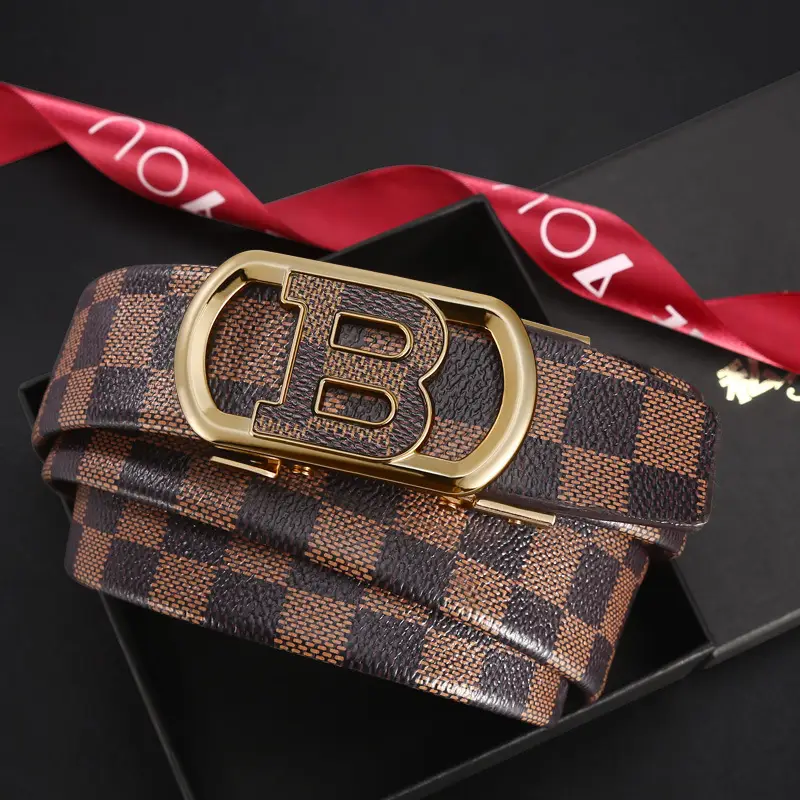New Men's Automatic Buckle Letter Belt with Brown Check Pattern - Image 6