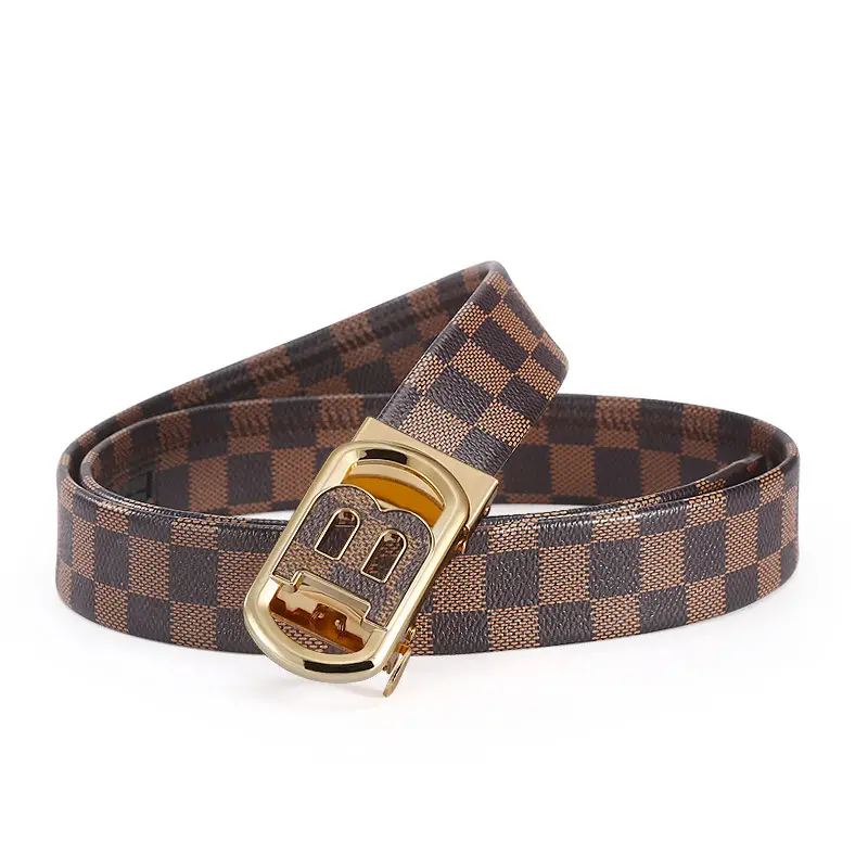 New Men's Automatic Buckle Letter Belt with Brown Check Pattern - Image 9