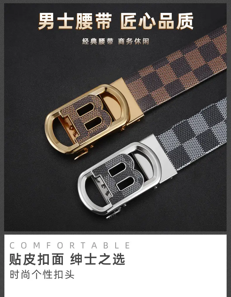 New Men's Automatic Buckle Letter Belt with Brown Check Pattern β feature 1