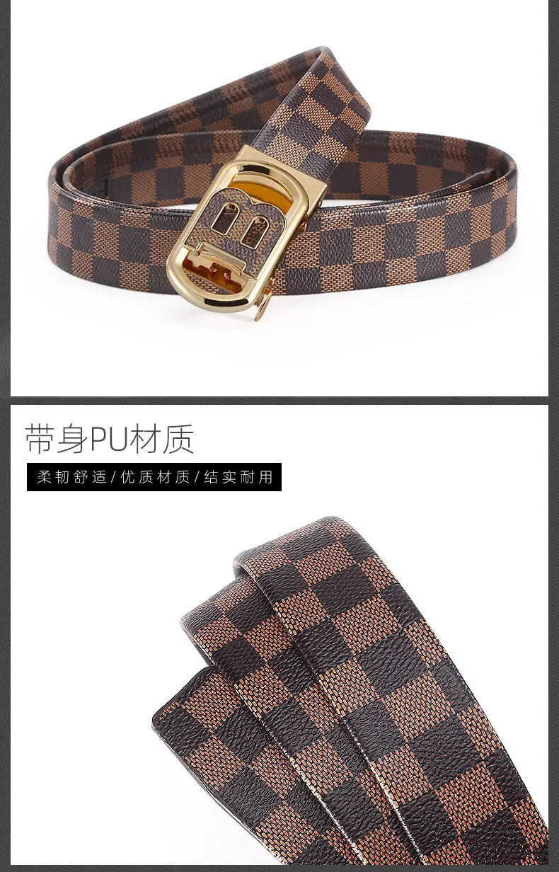 New Men's Automatic Buckle Letter Belt with Brown Check Pattern β feature 2