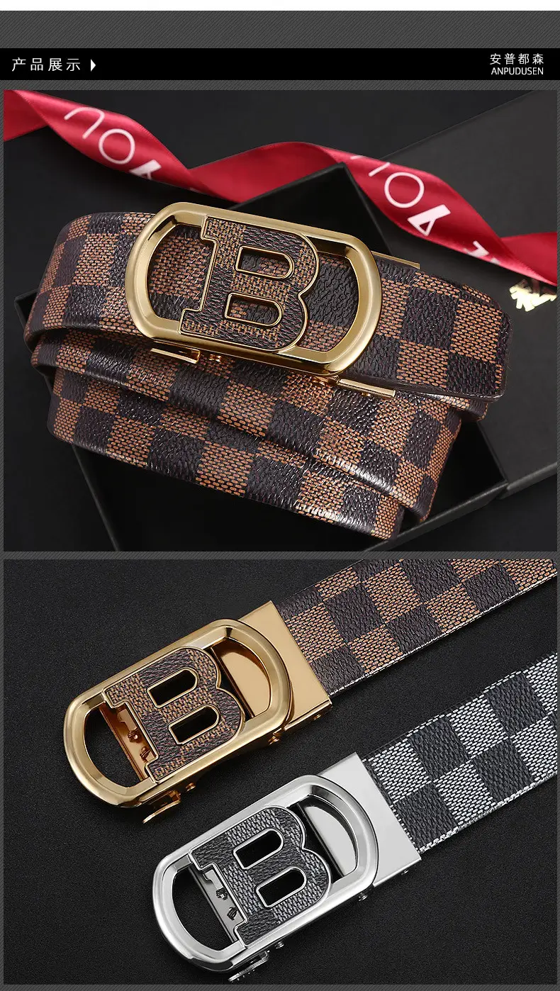 New Men's Automatic Buckle Letter Belt with Brown Check Pattern β feature 5