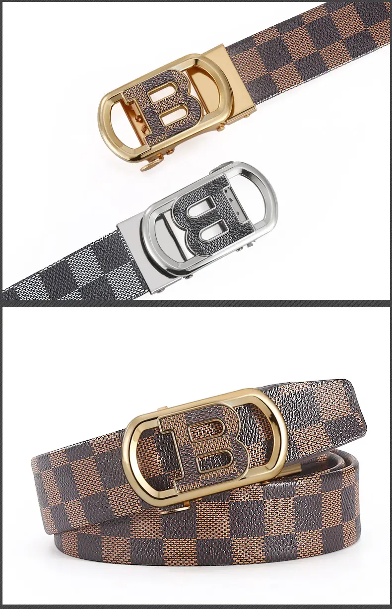 New Men's Automatic Buckle Letter Belt with Brown Check Pattern β feature 6