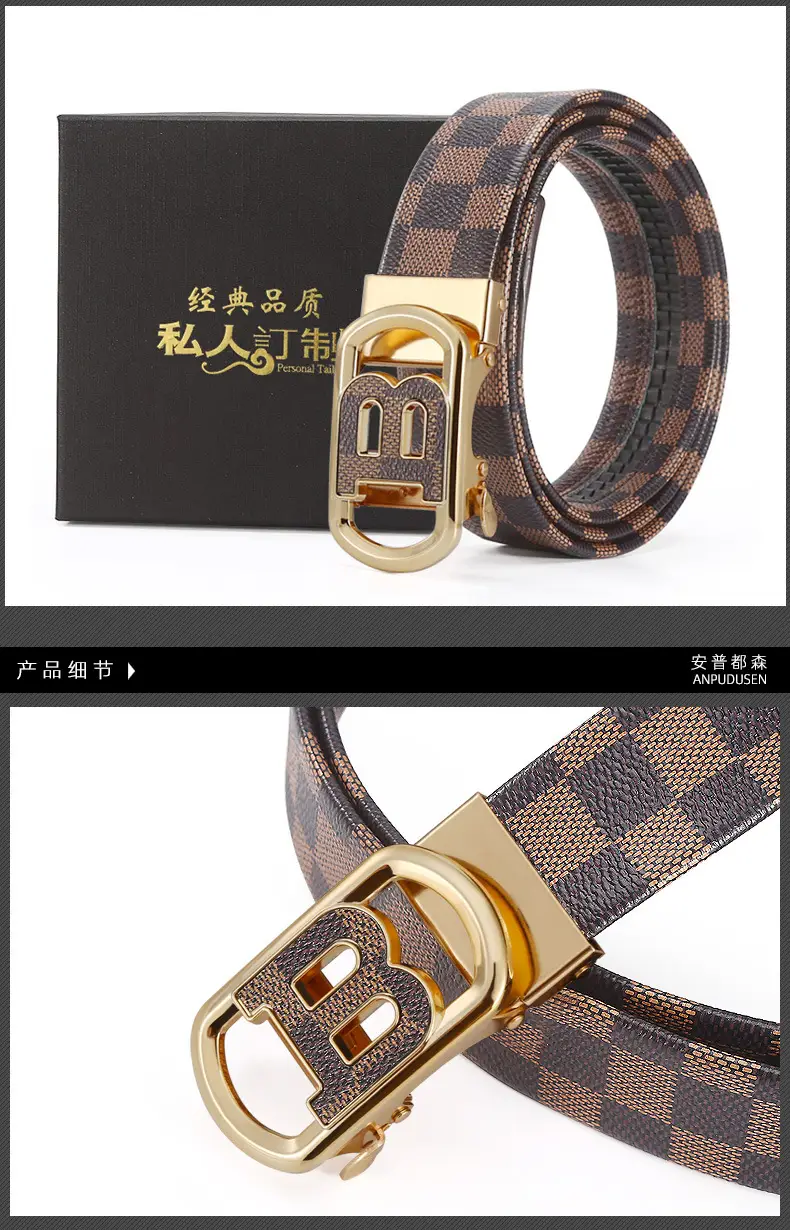 New Men's Automatic Buckle Letter Belt with Brown Check Pattern β feature 7