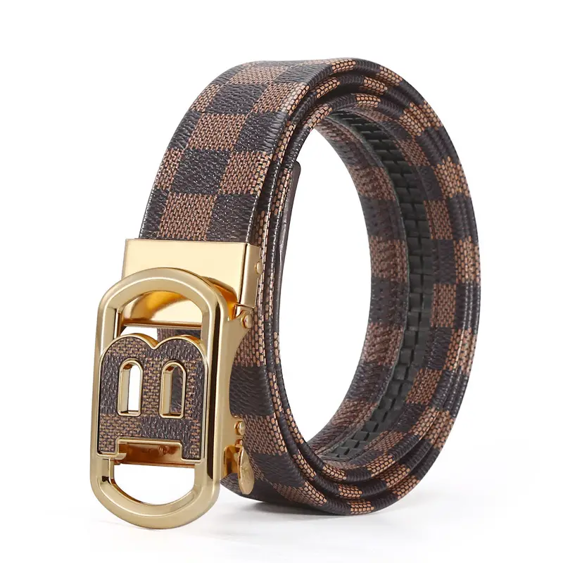 New Men's Automatic Buckle Letter Belt with Brown Check Pattern