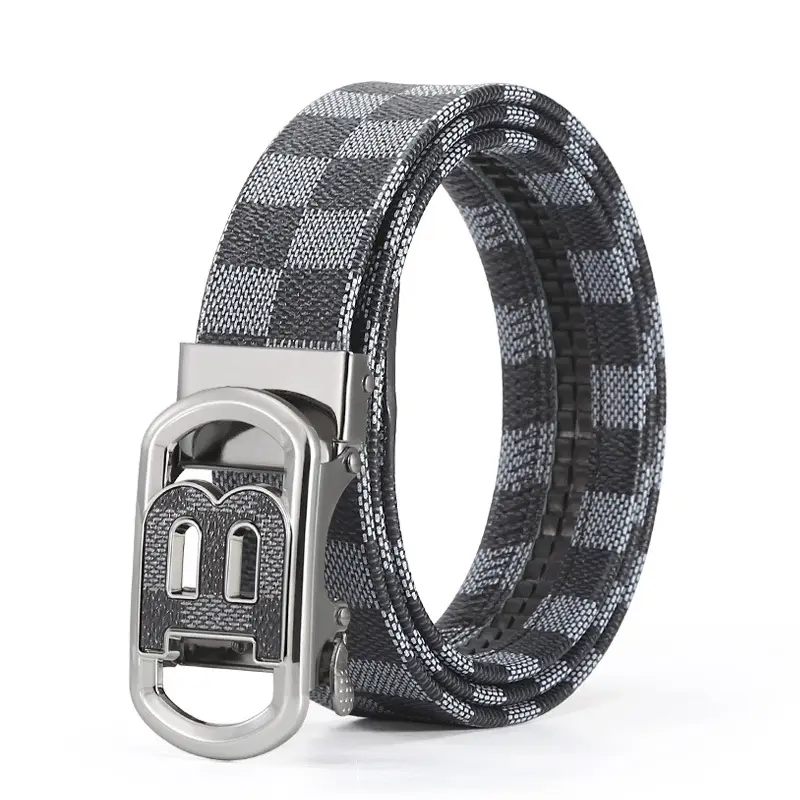 New Men's Automatic Buckle Letter Belt with Brown Check Pattern - Image 2