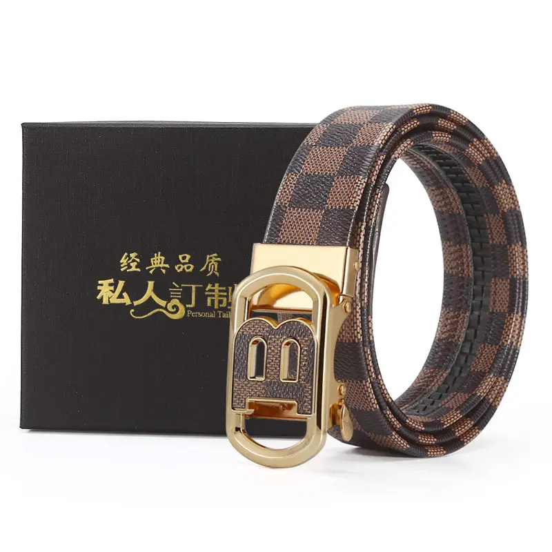 New Men's Automatic Buckle Letter Belt with Brown Check Pattern - Image 3