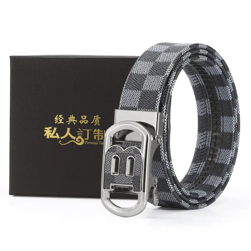 New Men's Automatic Buckle Letter Belt with Brown Check Pattern - Image 4