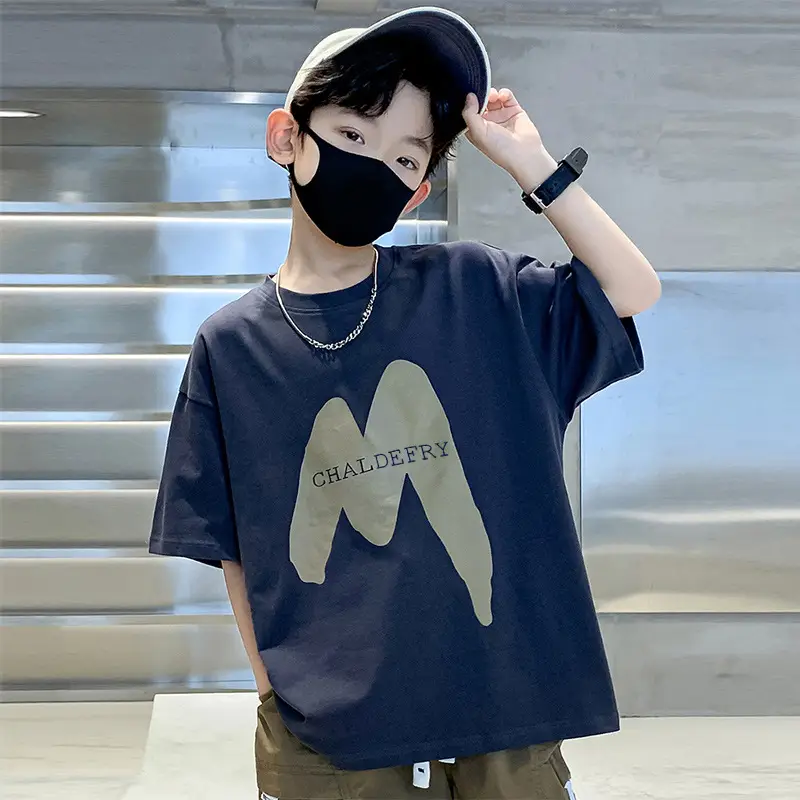 Boys Cotton T-shirt Letter Print Loose Crewneck - Image 4