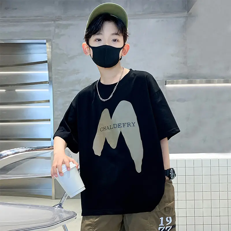 Boys Cotton T-shirt Letter Print Loose Crewneck - Image 5