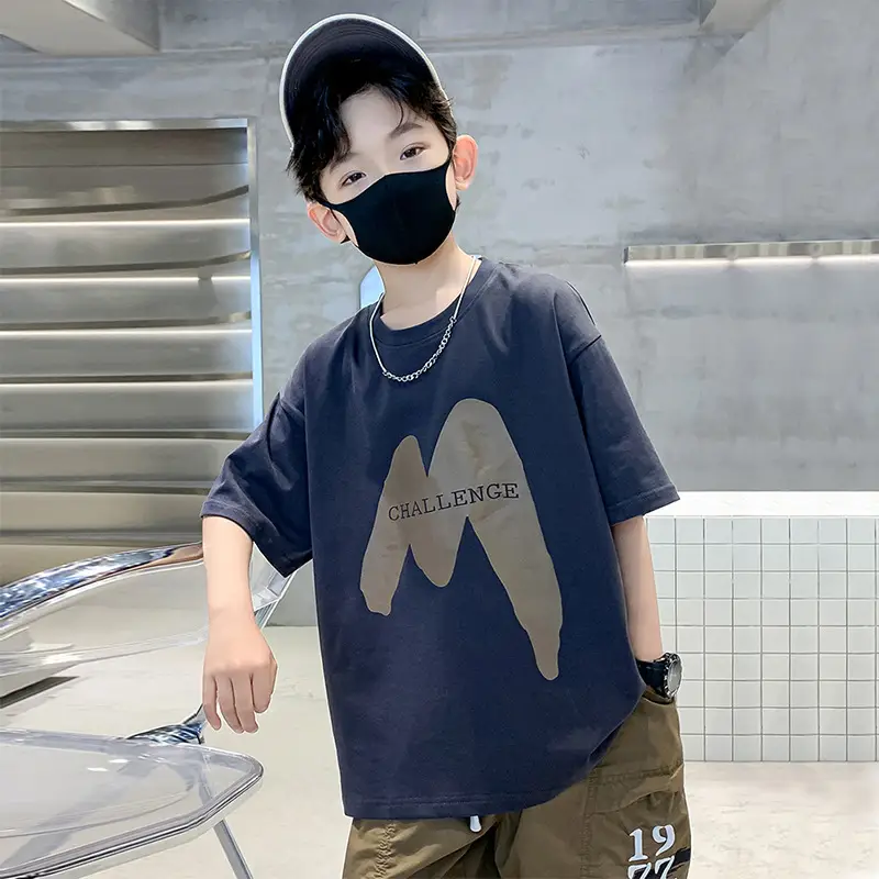 Boys Cotton T-shirt Letter Print Loose Crewneck - Image 2