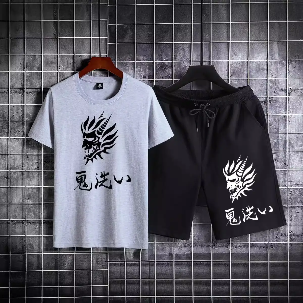 Men Cotton Dragon Graphic Shorts Set Black Grey Casual Sports