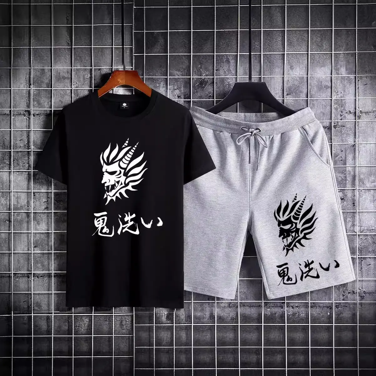 Men Cotton Dragon Graphic Shorts Set Black Grey Casual Sports