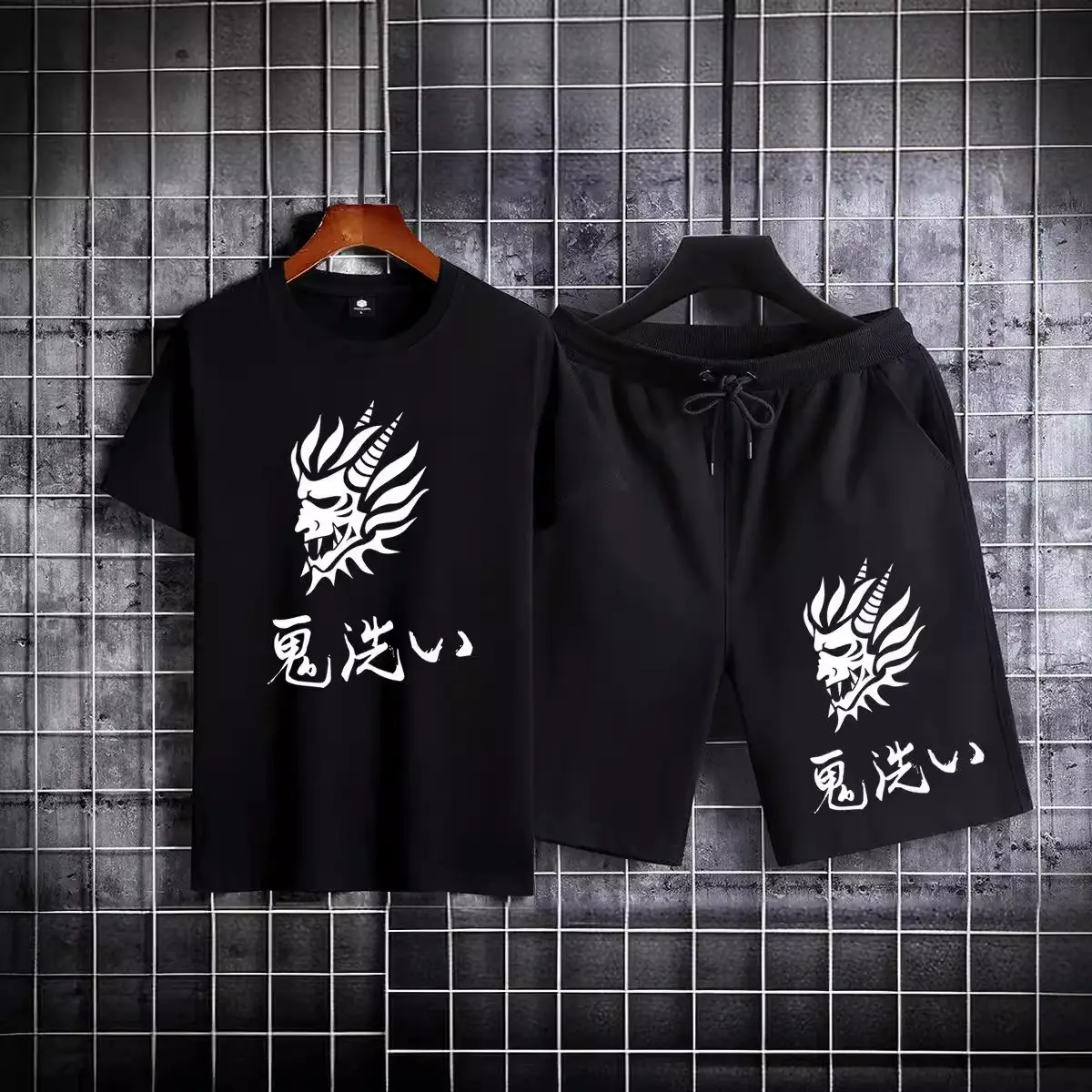 Men Cotton Dragon Graphic Shorts Set Black Grey Casual Sports