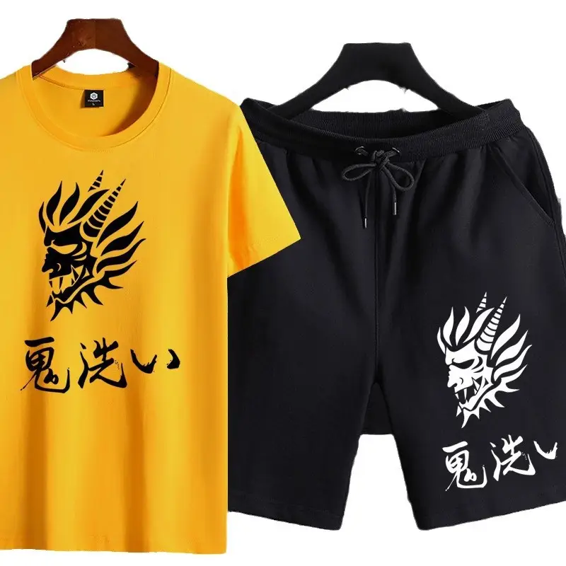 Men Cotton Dragon Graphic Shorts Set Black Grey Casual Sports