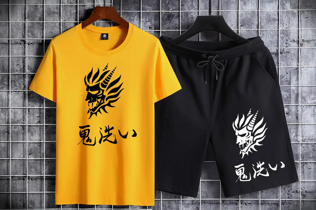 Men Cotton Dragon Graphic Shorts Set Black Grey Casual Sports — feature 11