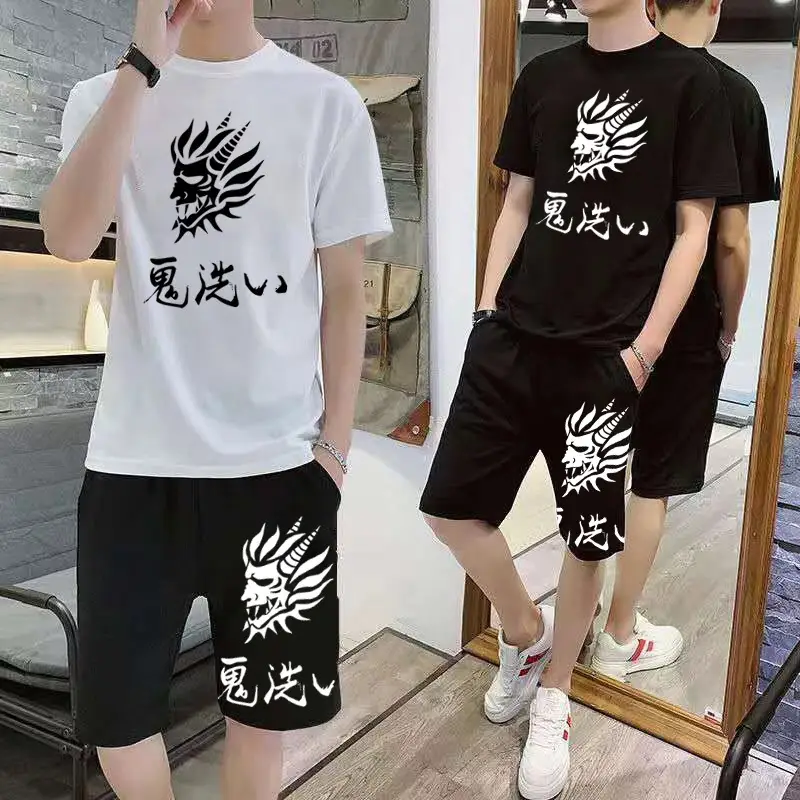 Men Cotton Dragon Graphic Shorts Set Black Grey Casual Sports — feature 2