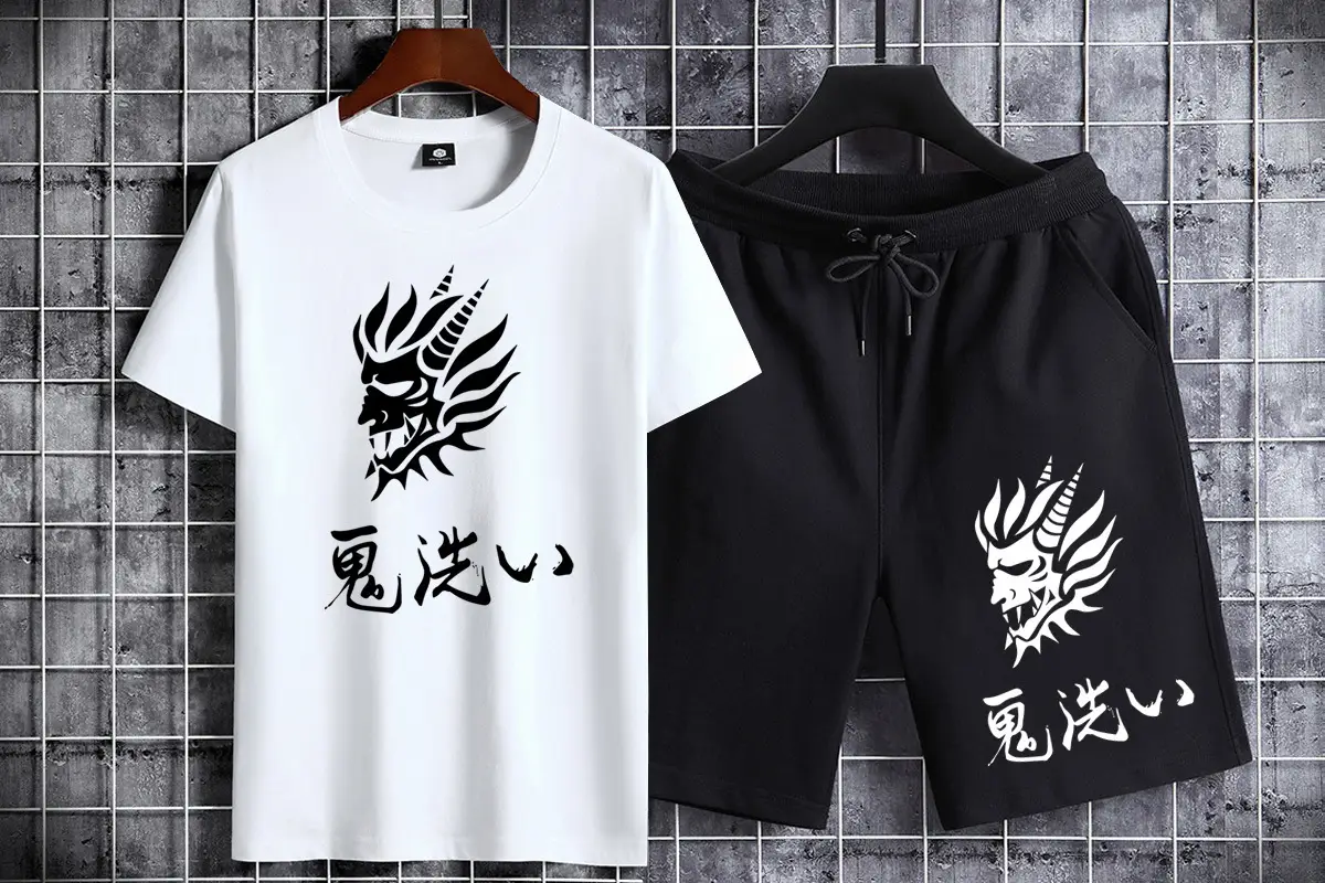 Men Cotton Dragon Graphic Shorts Set Black Grey Casual Sports — feature 4