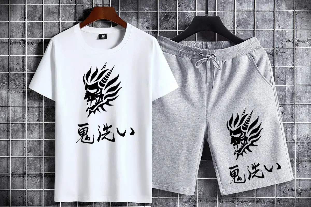 Men Cotton Dragon Graphic Shorts Set Black Grey Casual Sports — feature 5