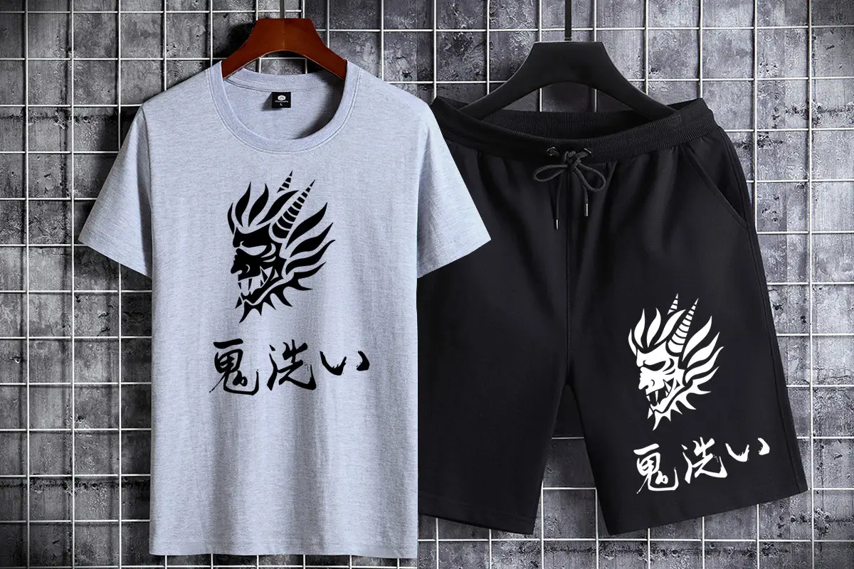 Men Cotton Dragon Graphic Shorts Set Black Grey Casual Sports — feature 6