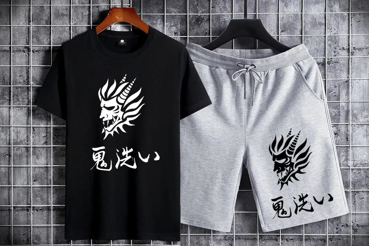 Men Cotton Dragon Graphic Shorts Set Black Grey Casual Sports — feature 8