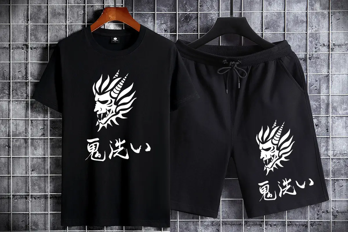 Men Cotton Dragon Graphic Shorts Set Black Grey Casual Sports — feature 9