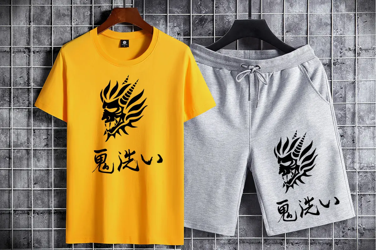 Men Cotton Dragon Graphic Shorts Set Black Grey Casual Sports