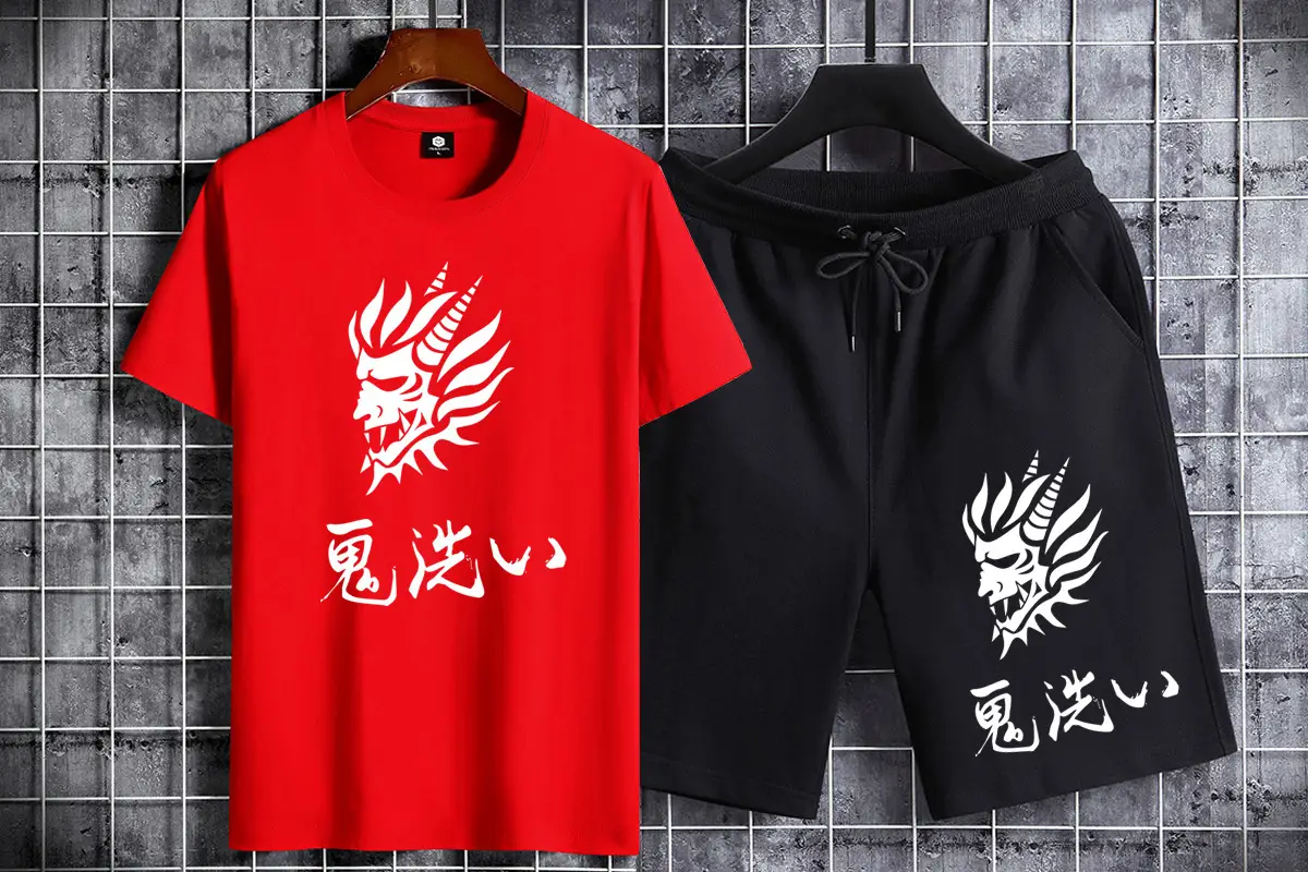 Men Cotton Dragon Graphic Shorts Set Black Grey Casual Sports