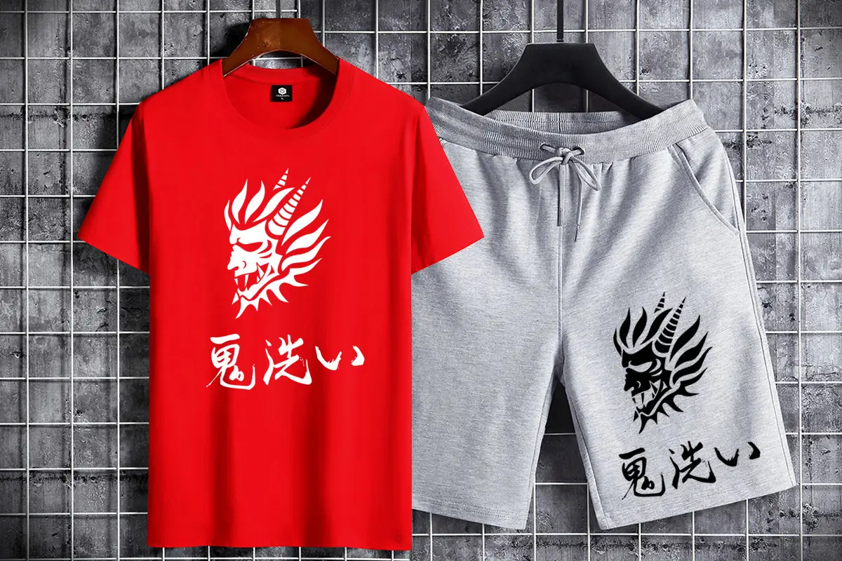 Men Cotton Dragon Graphic Shorts Set Black Grey Casual Sports