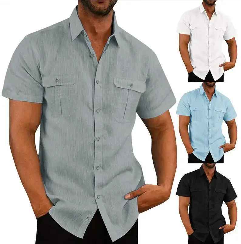 Men Collage Cotton Linen Shirt Light Blue Summer 2022 - Image 8