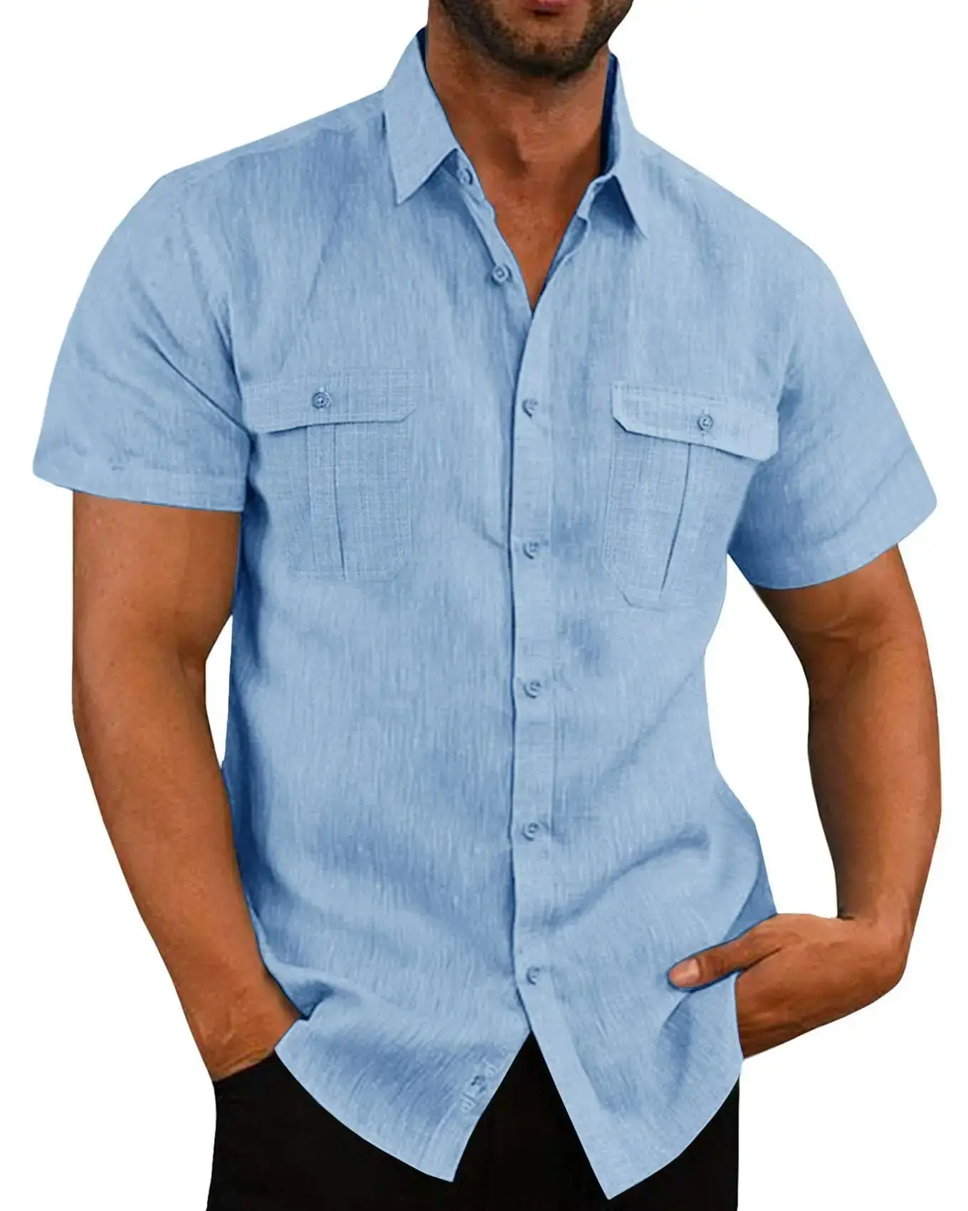 Men Collage Cotton Linen Shirt Light Blue Summer 2022 - Image 3