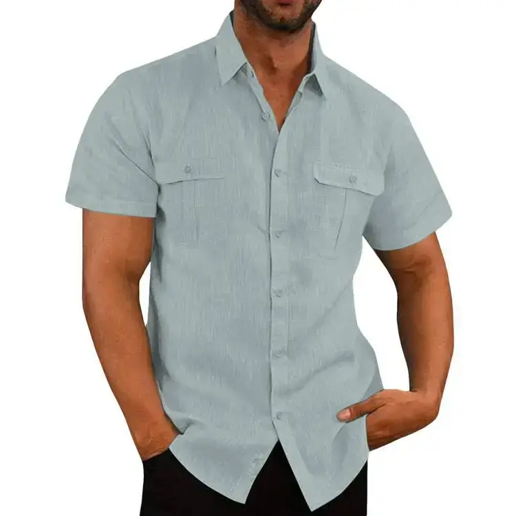 Men Collage Cotton Linen Shirt Light Blue Summer 2022 - Image 4