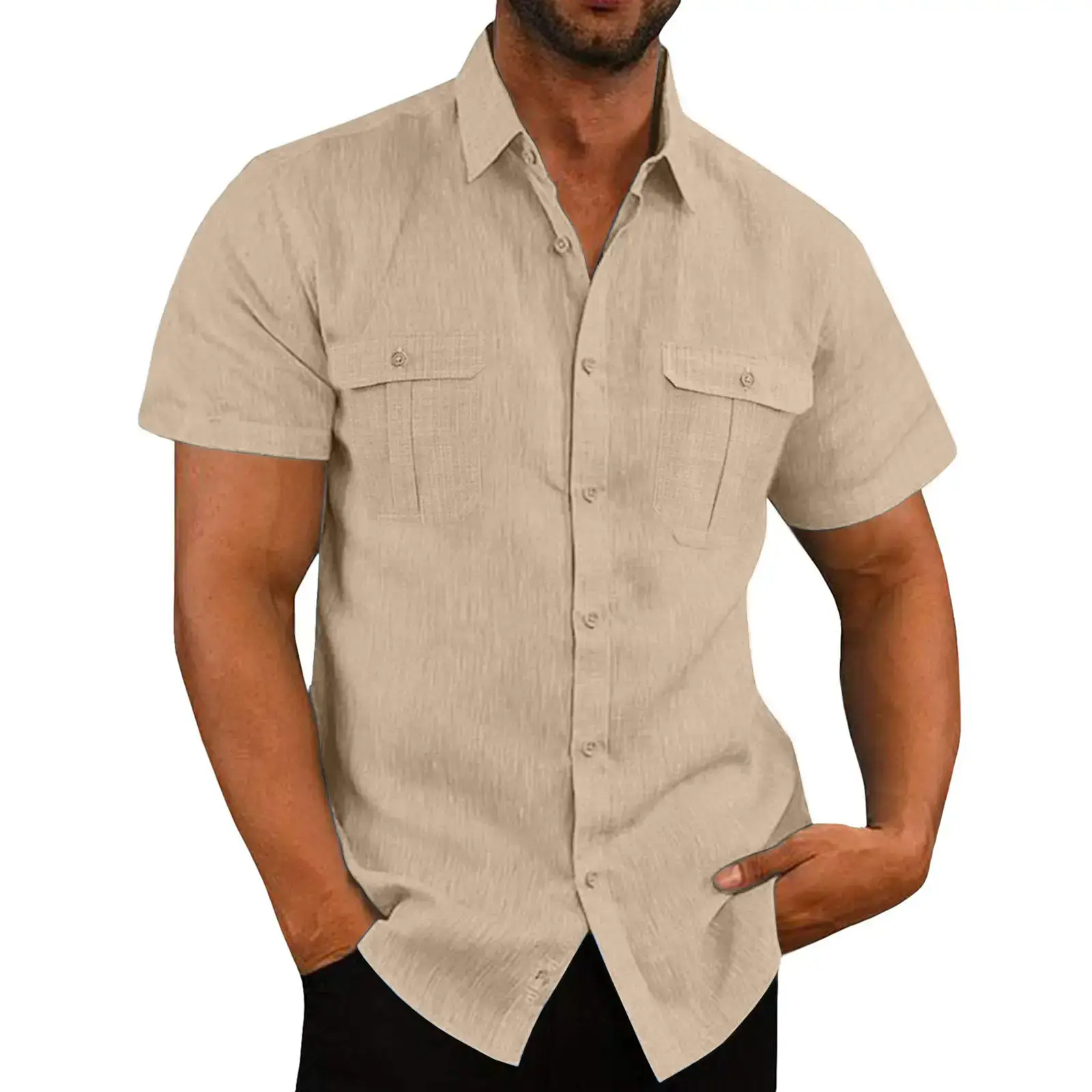 Men Collage Cotton Linen Shirt Light Blue Summer 2022 - Image 7