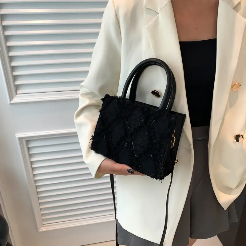 Black Rhombus Embroidered Tote Bag for Women - Image 7