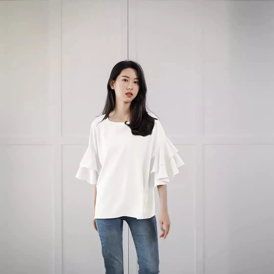 Real Shot Japanese Rakuten 2023 Summer New Women's Loose Shirt Round Neck Double-Layer Lotus Leaf Shoulder - Image 8