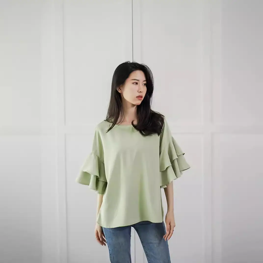 Real Shot Japanese Rakuten 2023 Summer New Women's Loose Shirt Round Neck Double-Layer Lotus Leaf Shoulder - Image 9