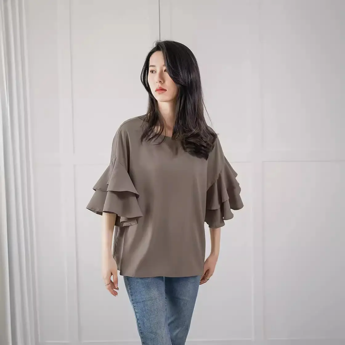 Real Shot Japanese Rakuten 2023 Summer New Women's Loose Shirt Round Neck Double-Layer Lotus Leaf Shoulder - Image 10
