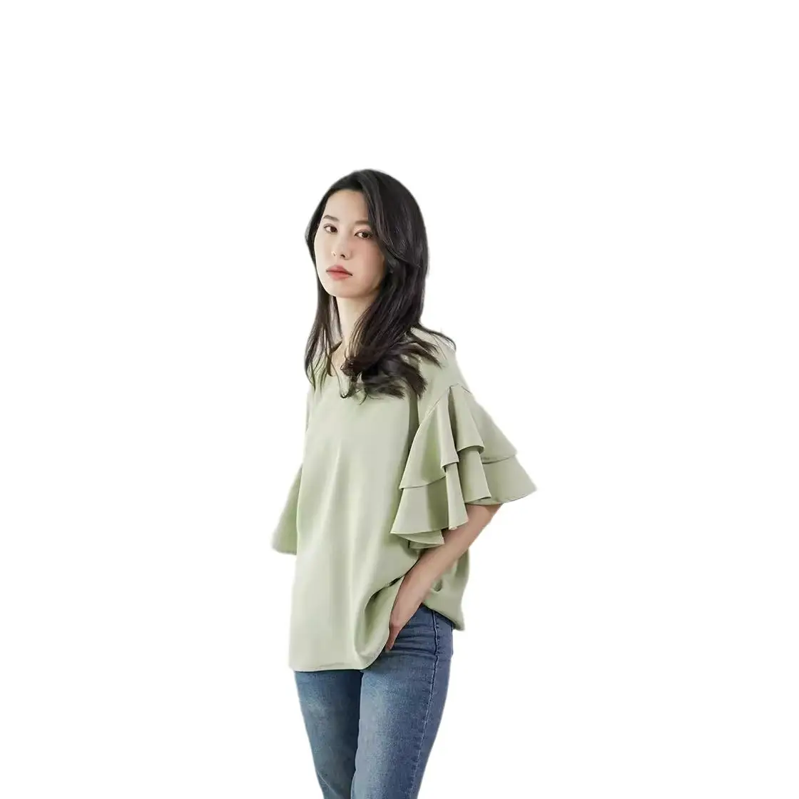 Real Shot Japanese Rakuten 2023 Summer New Women's Loose Shirt Round Neck Double-Layer Lotus Leaf Shoulder - Image 11