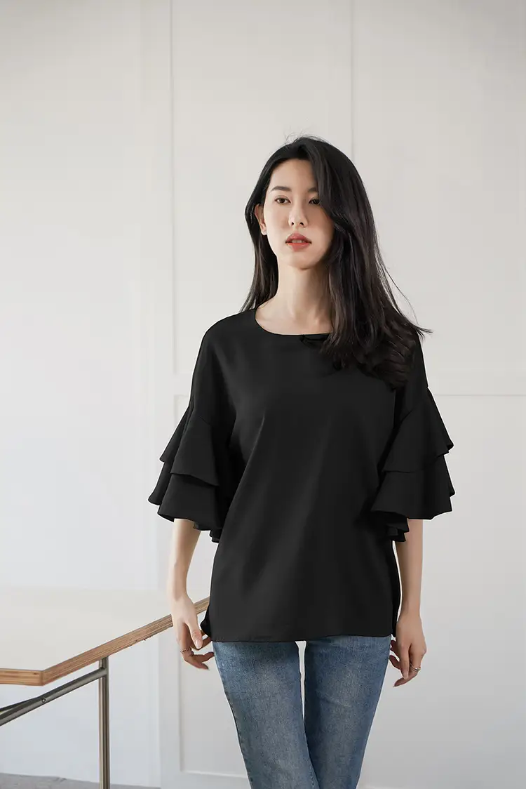 Real Shot Japanese Rakuten 2023 Summer New Women's Loose Shirt Round Neck Double-Layer Lotus Leaf Shoulder - Image 3
