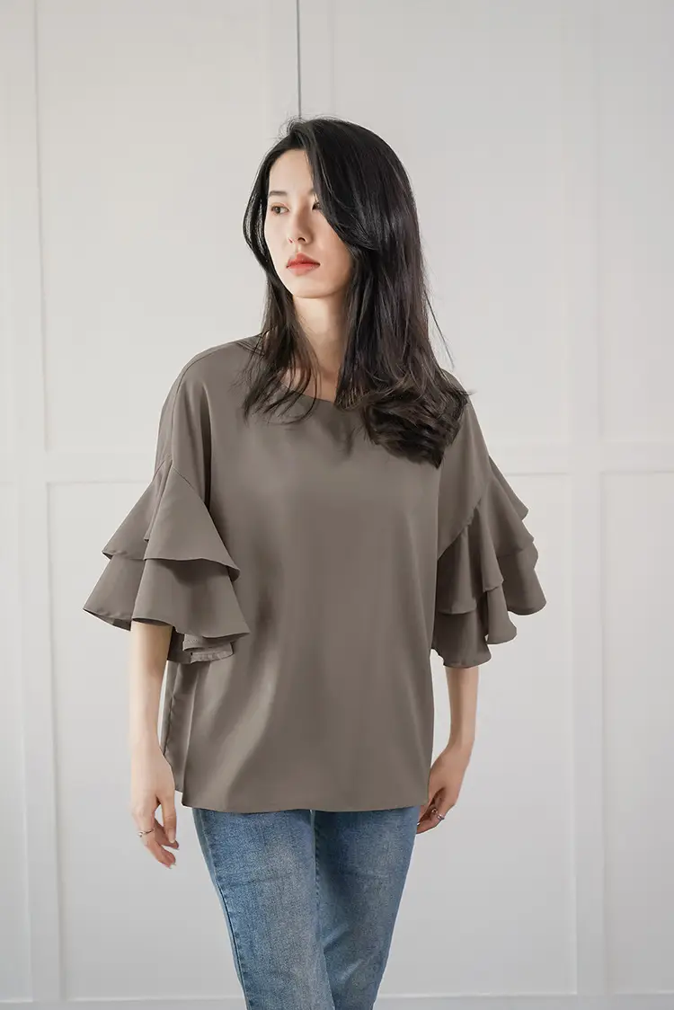 Real Shot Japanese Rakuten 2023 Summer New Women's Loose Shirt Round Neck Double-Layer Lotus Leaf Shoulder - Image 6