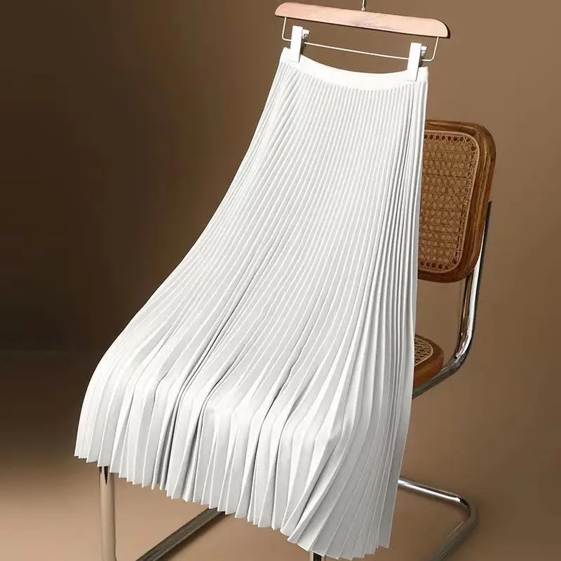 White Pleated Satin Skirt Mid Length High Waist - Image 9