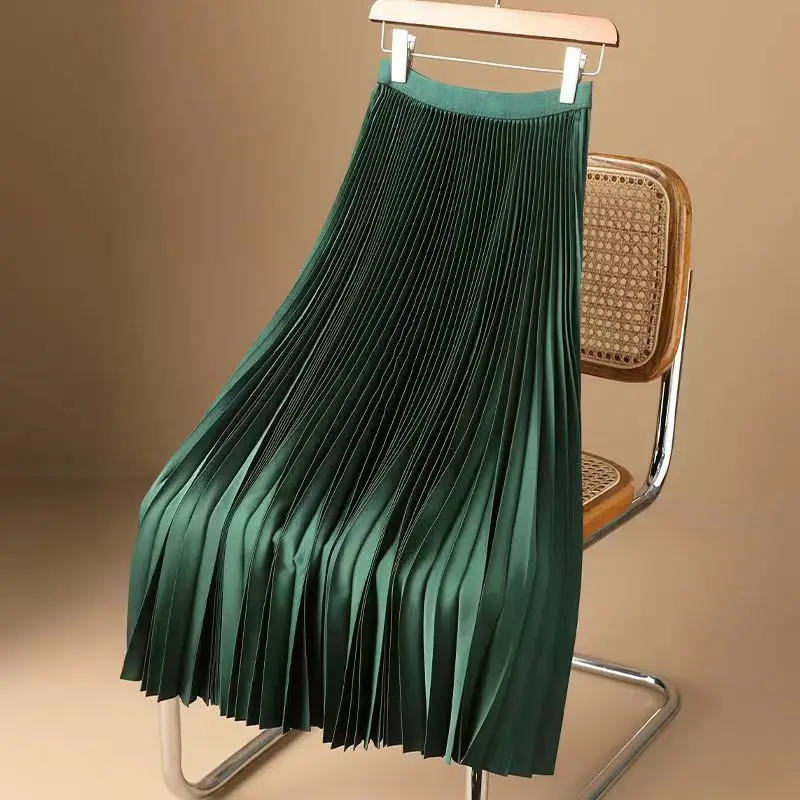 White Pleated Satin Skirt Mid Length High Waist — feature 6