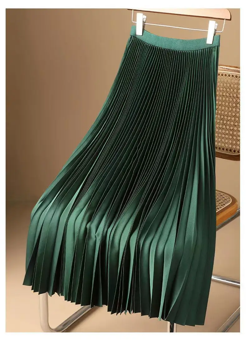 White Pleated Satin Skirt Mid Length High Waist — feature 7