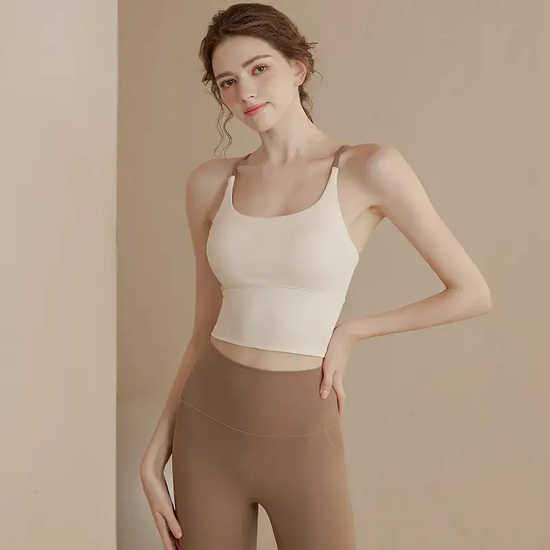 Women's Back Cross Strap Sports Bra White Brown - Image 6