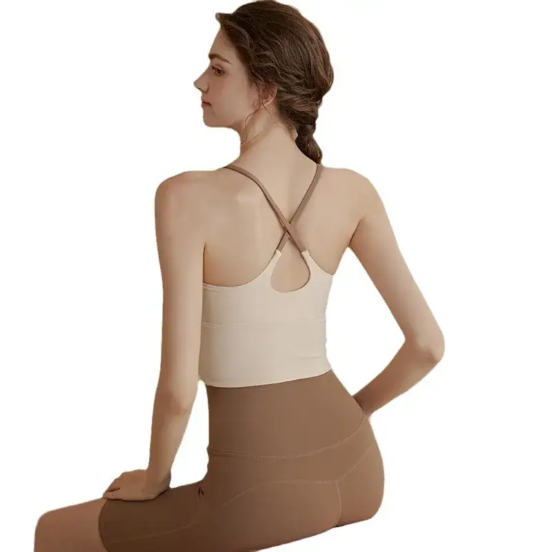 Women's Back Cross Strap Sports Bra White Brown - Image 7