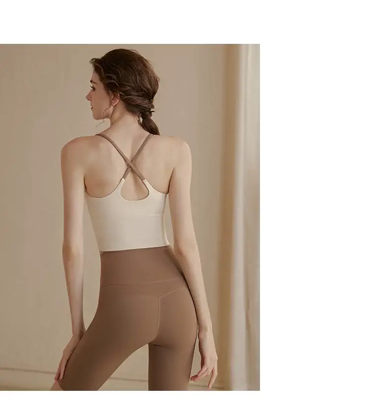 Women's Back Cross Strap Sports Bra White Brown — feature 17