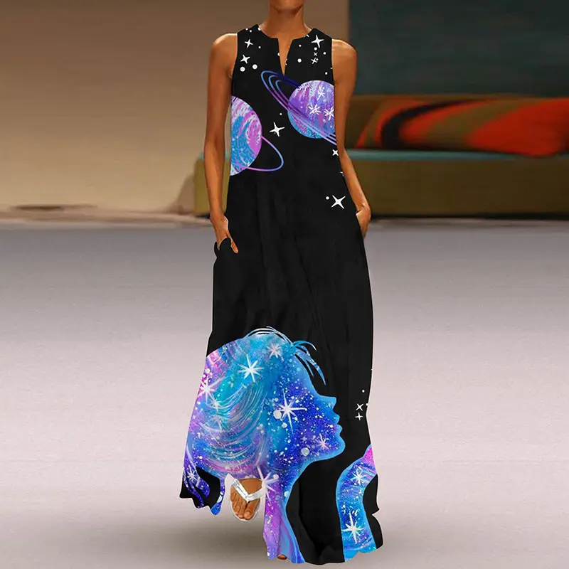 2026 V-Neck Printed Long Skirt Dress for Women - Image 20