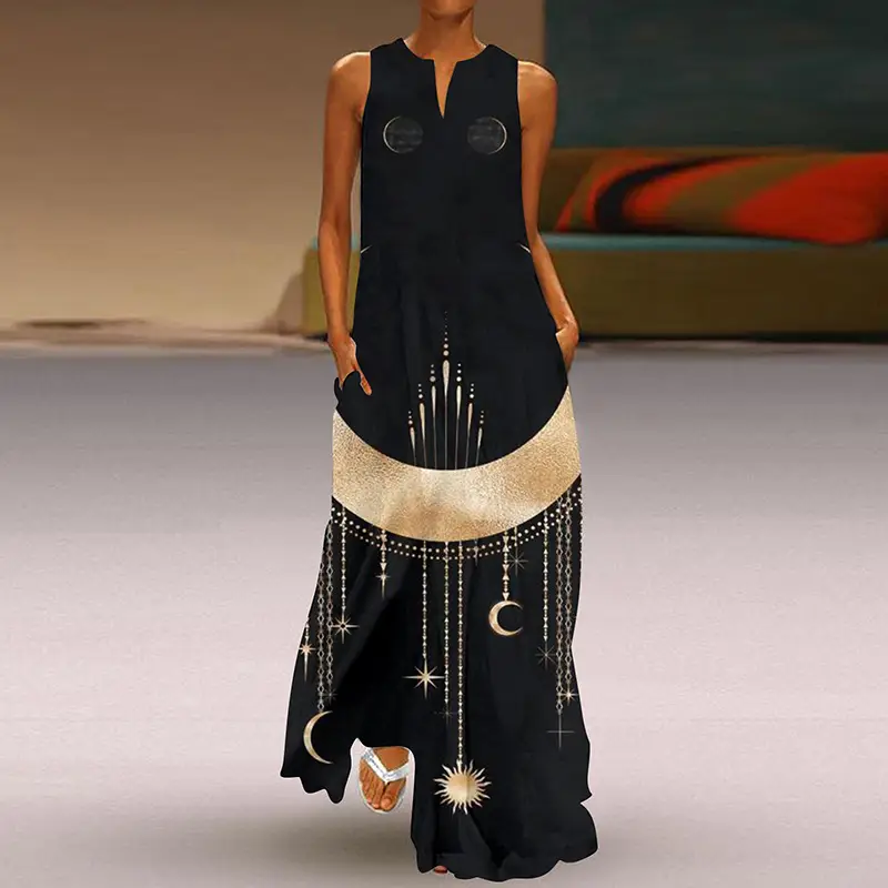 2026 V-Neck Printed Long Skirt Dress for Women - Image 4