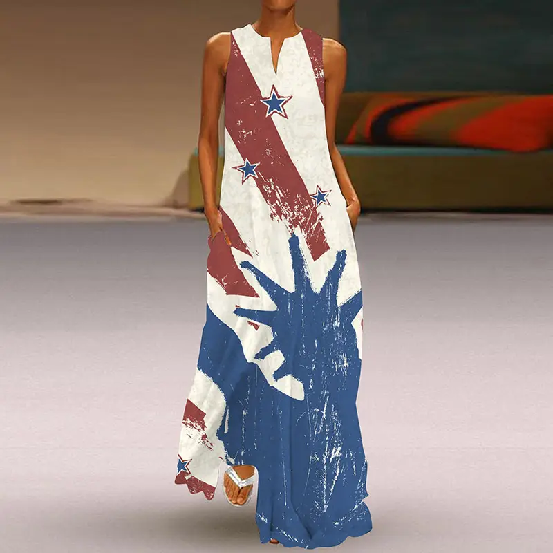 2026 V-Neck Printed Long Skirt Dress for Women - Image 6