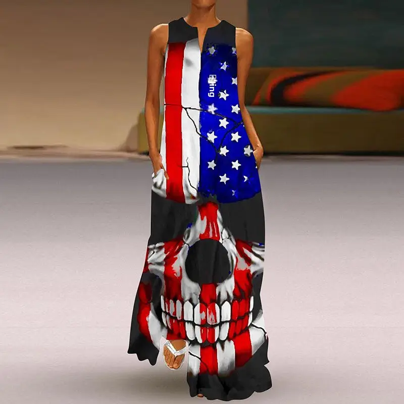 2026 V-Neck Printed Long Skirt Dress for Women - Image 9