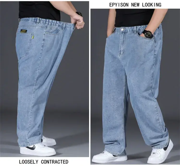 Men Loose Straight Denim Jeans Light Blue Plus Size — feature 12